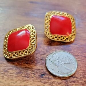 Vintage 80s Gold and Red Enameled Earrings
